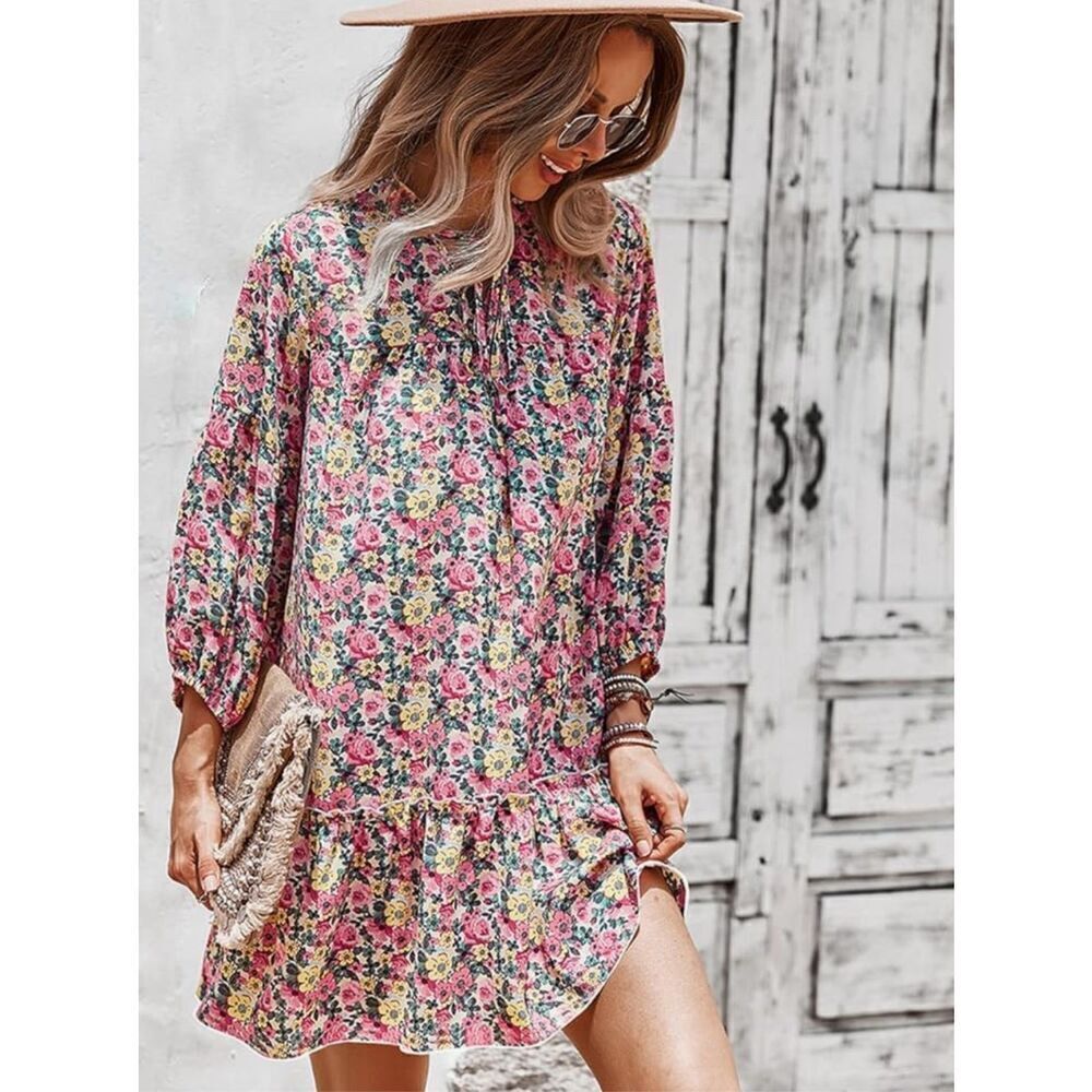 Kirundo Women's Bohemian Long Sleeve Casual Dress Floral Print Ruffle Size M